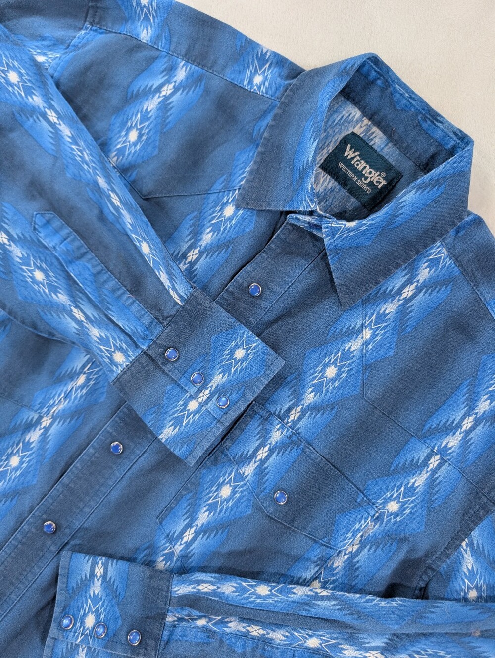 Vtg Wrangler Checotah Western Shirt L Blue Geometric Pearl Snap Cowboy Aztec